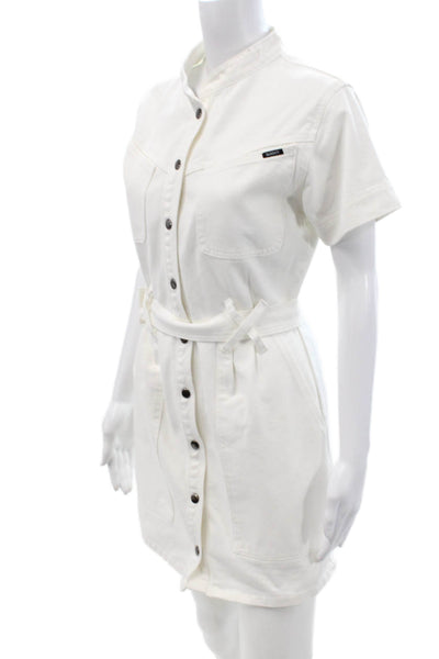 Bardot Women White Cotton Shirt Dress Mini Short Sleeve Button Collared Size 26
