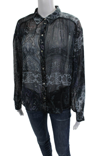 Zara Women Paisley Collared Boho Button-Up Blouse Black Long Sleeve Size L