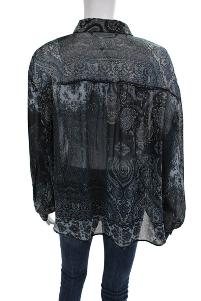 Zara Women Paisley Collared Boho Button-Up Blouse Black Long Sleeve Size L