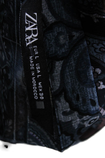 Zara Women Paisley Collared Boho Button-Up Blouse Black Long Sleeve Size L
