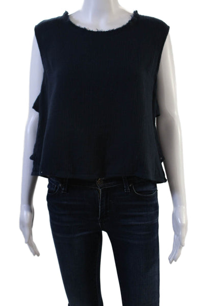Amo Womens Dark Blue Cropped Tank Sleeveless Round Neck Cotton Size S