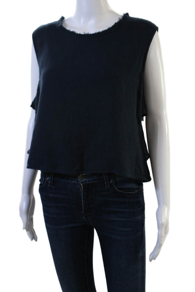 Amo Womens Dark Blue Cropped Tank Sleeveless Round Neck Cotton Size S