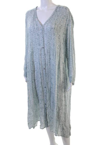 Zara Women Kaftan Shirt Dress Light Blue Paisley V-Neck Long Sleeve Size M