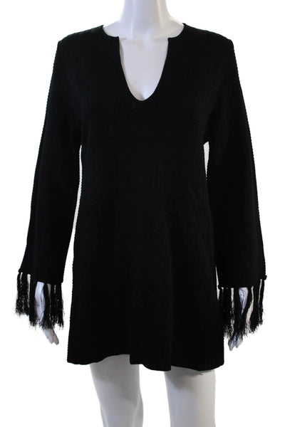 Zara Women Black Kaftan Dress V-Neck Long Sleeve Viscose Nylon Size M