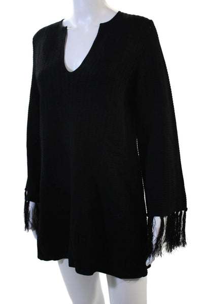 Zara Women Black Kaftan Dress V-Neck Long Sleeve Viscose Nylon Size M