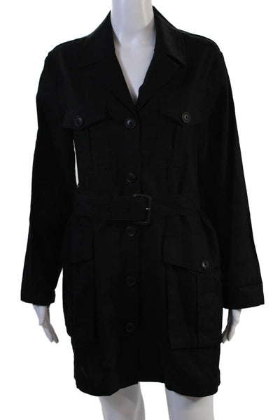 Zara Women Military Jacket Black Linen Blend Long Sleeve Buckle Collared Size M