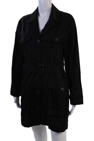 Zara Women Military Jacket Black Linen Blend Long Sleeve Buckle Collared Size M