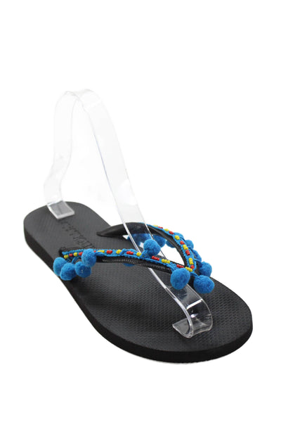 Mystique Womens Beaded Pom Pom Rubber T Strap Sandals Black Blue Size 5-6