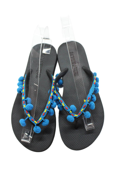 Mystique Womens Beaded Pom Pom Rubber T Strap Sandals Black Blue Size 5-6