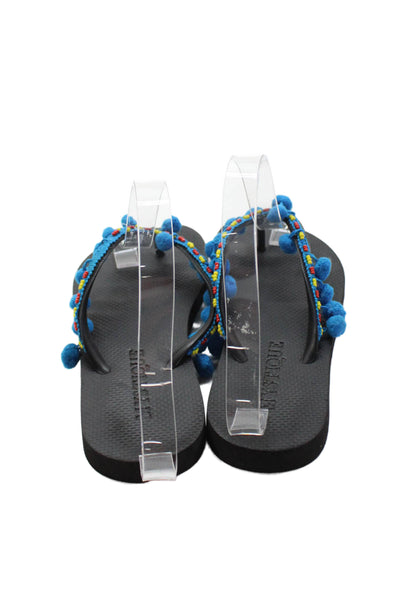 Mystique Womens Beaded Pom Pom Rubber T Strap Sandals Black Blue Size 5-6