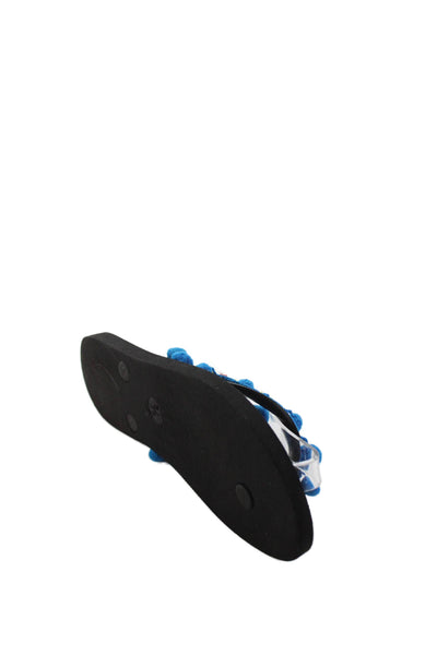 Mystique Womens Beaded Pom Pom Rubber T Strap Sandals Black Blue Size 5-6