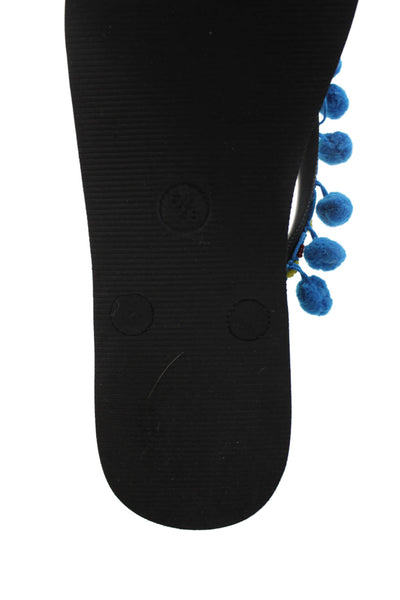 Mystique Womens Beaded Pom Pom Rubber T Strap Sandals Black Blue Size 5-6