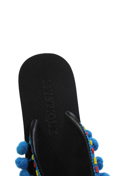 Mystique Womens Beaded Pom Pom Rubber T Strap Sandals Black Blue Size 5-6