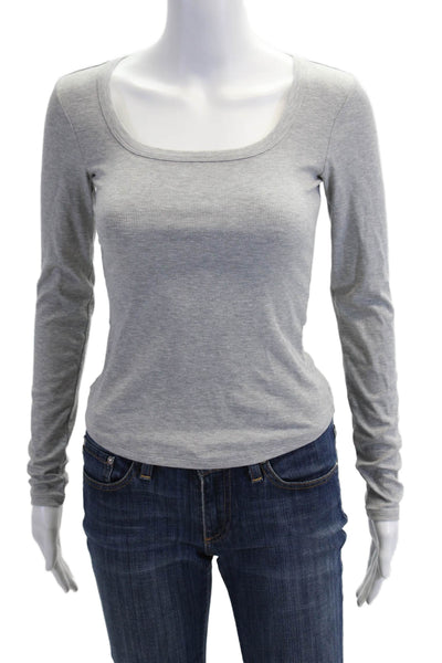 Athleta, Womens Square Neck Long Sleeve Basic T-Shirt Gray Cotton Blend Size XS