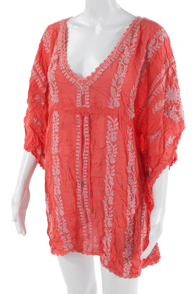 Melissa Odabash Women Orange Floral Rayon V-Neck Tunic Drawstring Size One Size