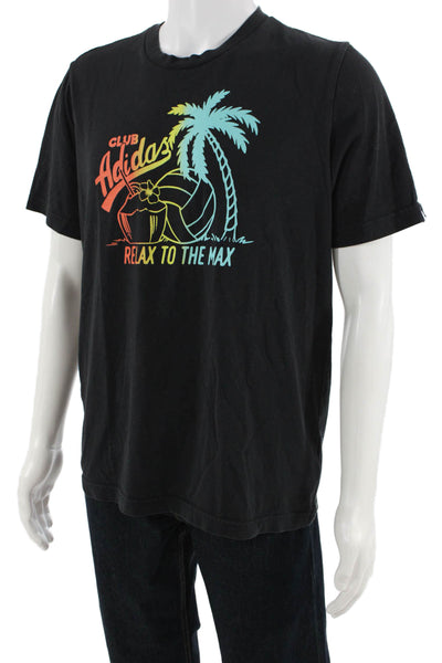 Adidas Mens Black Graphic T-Shirt Crew Neck Short Sleeve Beach Size M