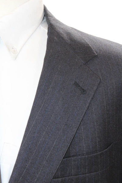 Hart Schaffner Marx Men Striped Dark Blue Suit Jacket Collared Button Size 42