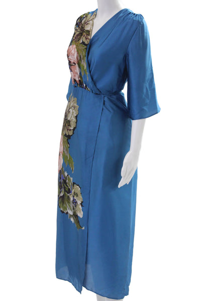 Zara Women Blue Floral Wrap Dress V-Neck 3/4 Sleeve Tie Waist Long Size M