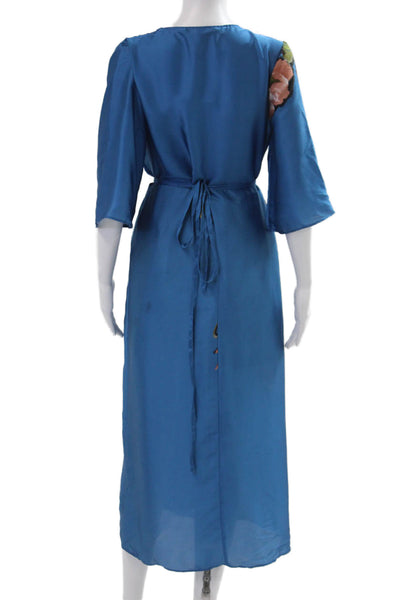 Zara Women Blue Floral Wrap Dress V-Neck 3/4 Sleeve Tie Waist Long Size M