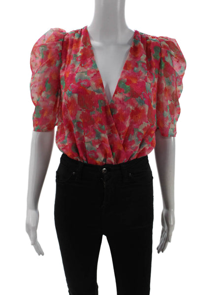 Adelyn Rae Womens Pink Floral V-Neck Blouse Short Sleeve Zip Size XS