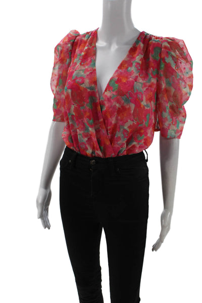 Adelyn Rae Womens Pink Floral V-Neck Blouse Short Sleeve Zip Size XS