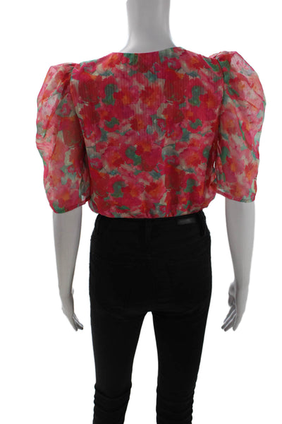 Adelyn Rae Womens Pink Floral V-Neck Blouse Short Sleeve Zip Size XS