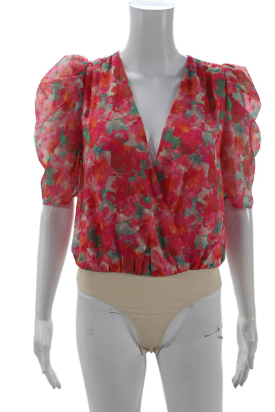 Adelyn Rae Womens Pink Floral V-Neck Blouse Short Sleeve Zip Size XS