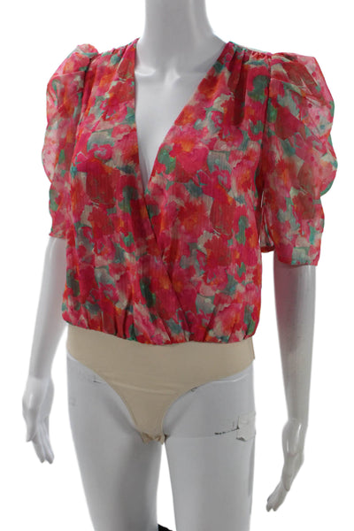 Adelyn Rae Womens Pink Floral V-Neck Blouse Short Sleeve Zip Size XS