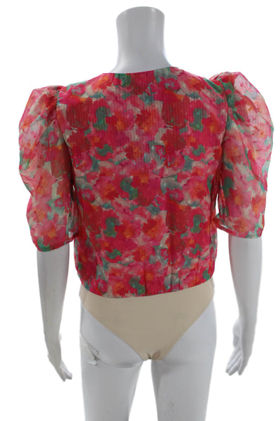 Adelyn Rae Womens Pink Floral V-Neck Blouse Short Sleeve Zip Size XS