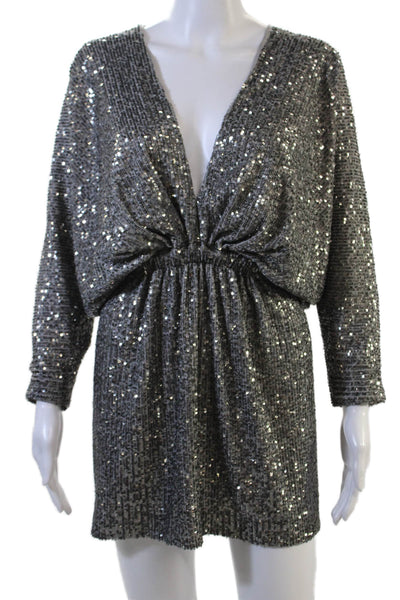 Ramy Brook Women Blouson Knee-Length V-Neck Dark Gray Long Sleeve Dress Size S