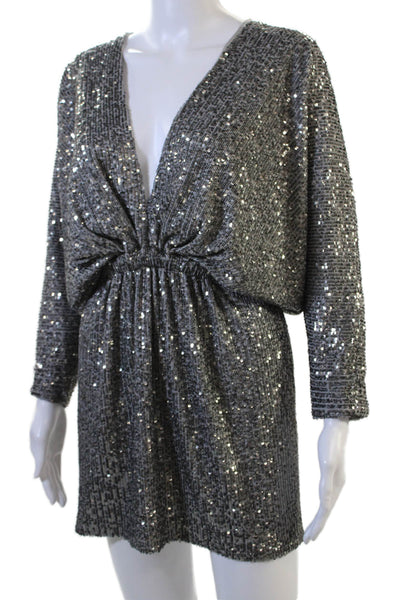 Ramy Brook Women Blouson Knee-Length V-Neck Dark Gray Long Sleeve Dress Size S