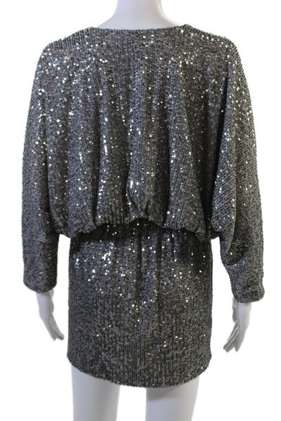 Ramy Brook Women Blouson Knee-Length V-Neck Dark Gray Long Sleeve Dress Size S