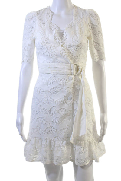 Sandro Women Mini Wrap Dress White Floral V-Neck Short Sleeve Size 34