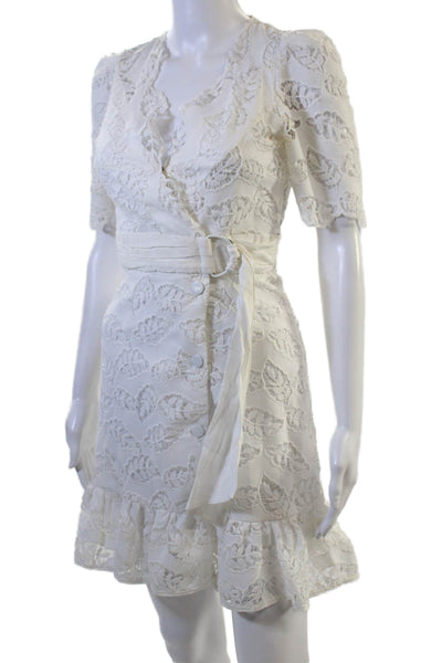 Sandro Women Mini Wrap Dress White Floral V-Neck Short Sleeve Size 34