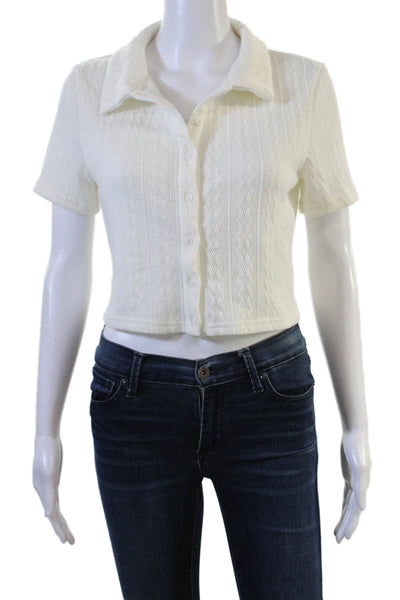 Lioness Women Cropped Collared Button-Up Sweater White Short Sleeve Size M