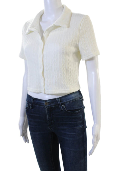 Lioness Women Cropped Collared Button-Up Sweater White Short Sleeve Size M