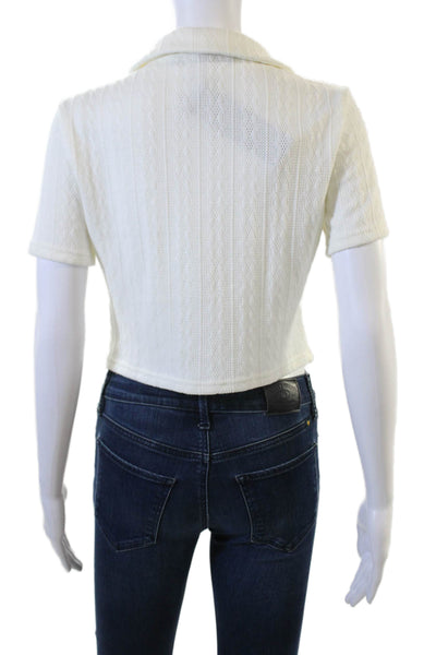 Lioness Women Cropped Collared Button-Up Sweater White Short Sleeve Size M