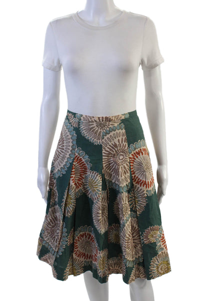 BCBGMAXAZRIA Women A-Line Pleated Skirt Green Floral 100% Cotton Knee Size 4