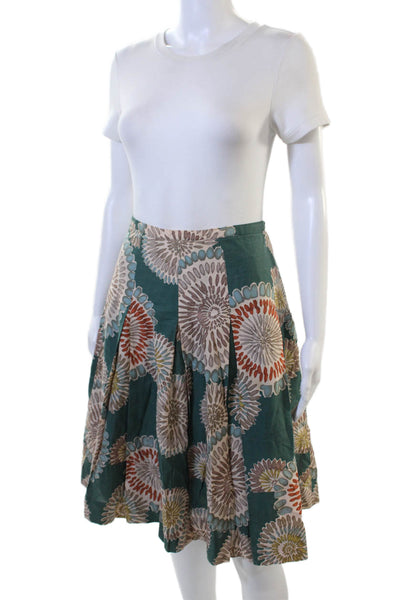 BCBGMAXAZRIA Women A-Line Pleated Skirt Green Floral 100% Cotton Knee Size 4