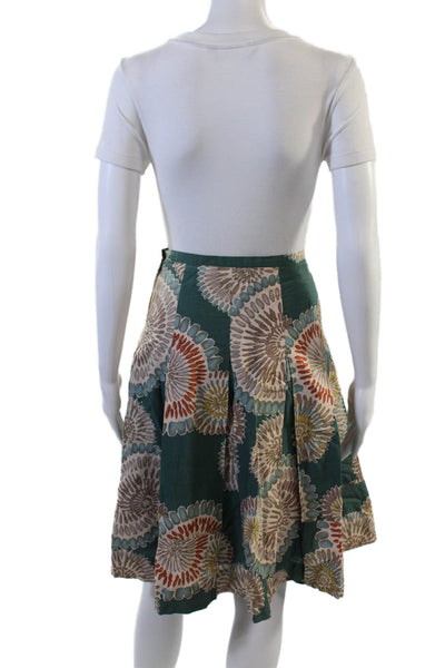 BCBGMAXAZRIA Women A-Line Pleated Skirt Green Floral 100% Cotton Knee Size 4