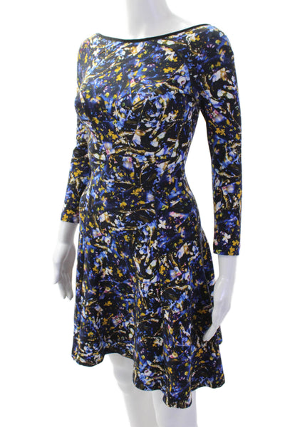 Erdem, Women Fit & Flare Dress Black Floral 3/4 Sleeve Round Neck Zip Size 2