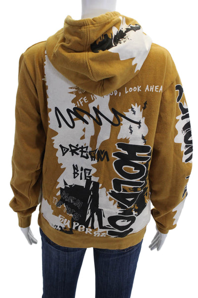 Designer Unisex Pullover Hoodie Brown Graphic Print Quotes Drawstring Size S