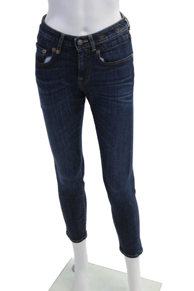R13 Women Skinny Ankle Jeans Dark Blue Mid-Rise Cotton Blend Button Size 26