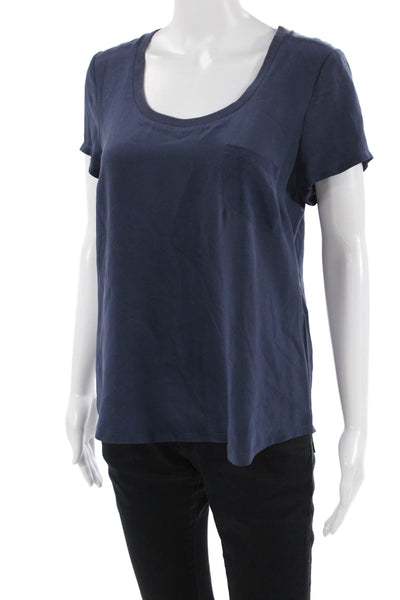 Joie Women Basic Silk Short Sleeve T-Shirt Dark Blue Round Neck Size S