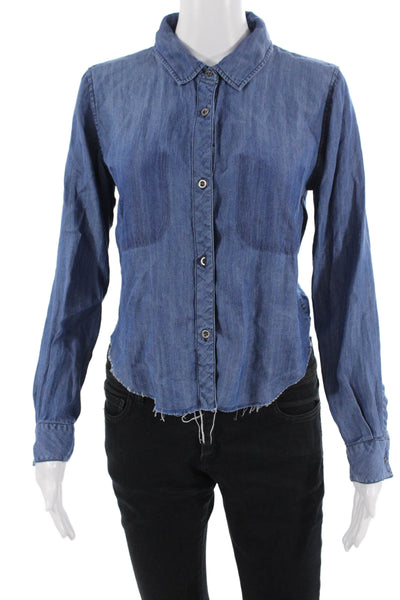 Rails Women Cropped Button-Up Long Sleeve Tencel Dark Blue Petite Size XS