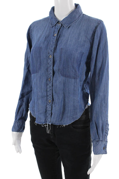 Rails Women Cropped Button-Up Long Sleeve Tencel Dark Blue Petite Size XS