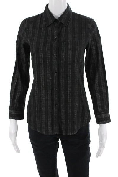 Theory Women Basic Striped Collared Button-Up Black Long Sleeve Size PP
