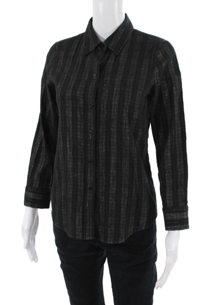 Theory Women Basic Striped Collared Button-Up Black Long Sleeve Size PP
