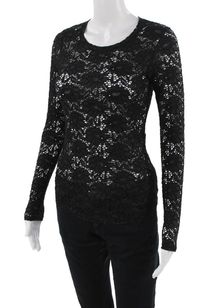 Generation Love Women Black Floral Round Neck Long Sleeve Top Size XS