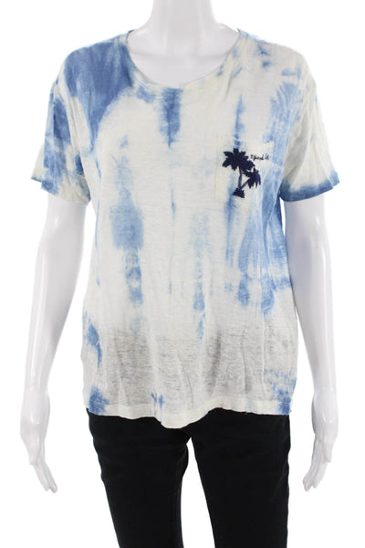 Bannerday Womens Basic Blue Linen Short Sleeve T-Shirt Round Neck Size 1